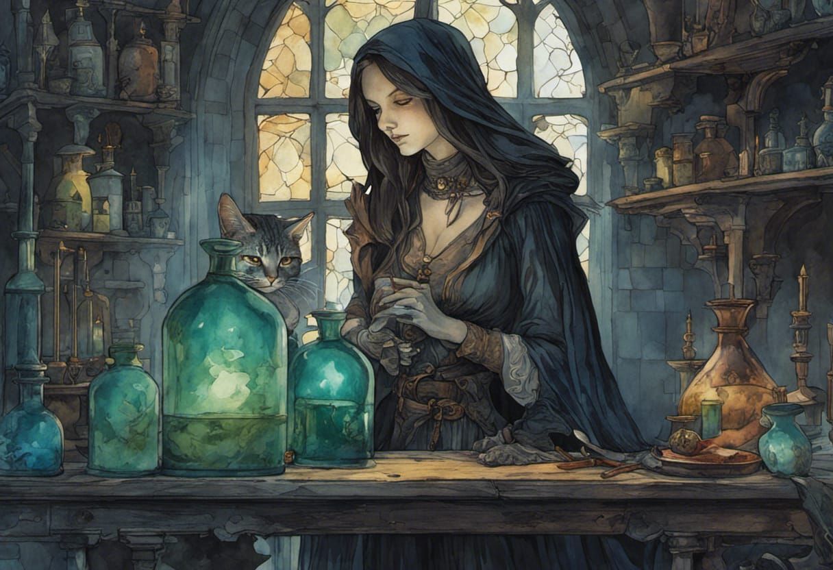 Dark Witch and Cat in Alchemical Laboratory, Watercolor