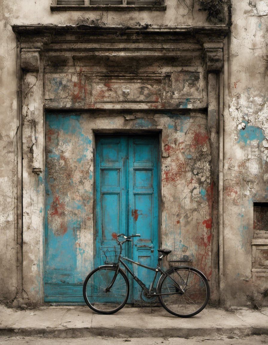 Old Blue Door and Bicycle in Graffiti Style