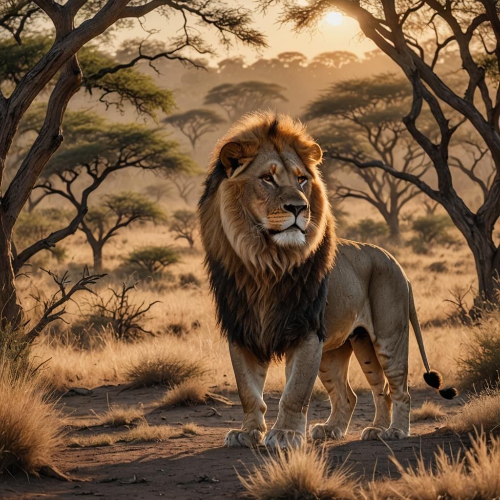 Photorealistic Male Lion in African Savannah Sunset