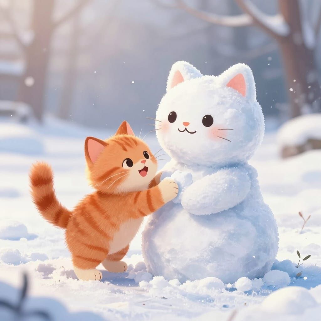 Kitten Joyfully Builds Giant Snow Cat