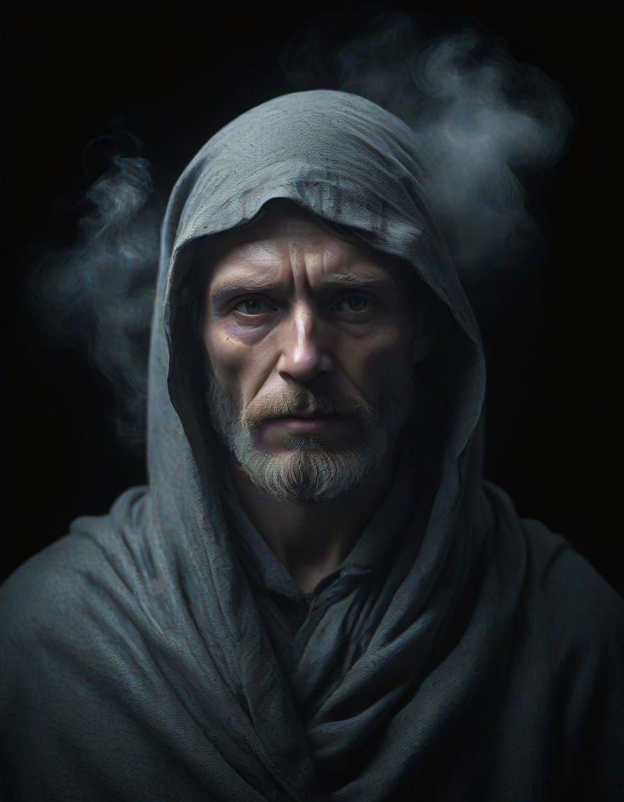 Surrealist Gray Figure Emerges from Dark Fog