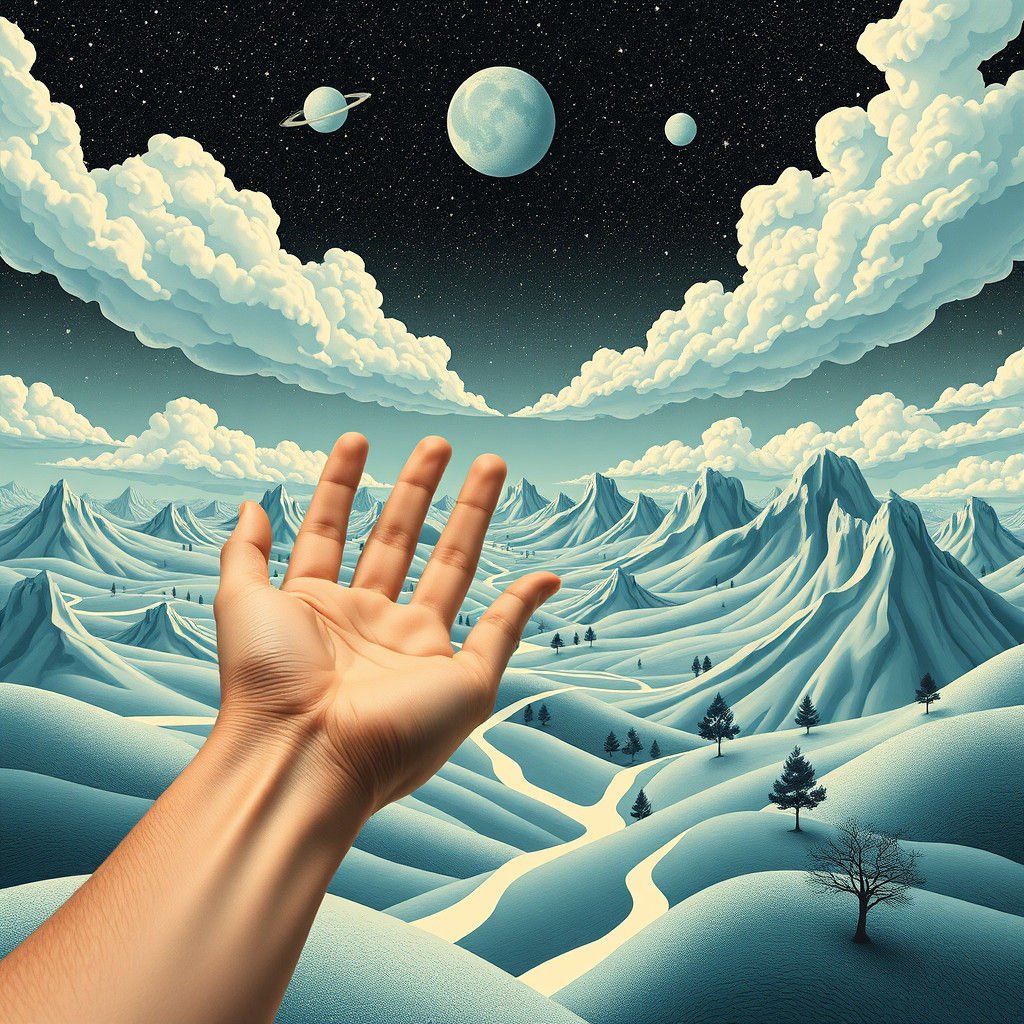 Recursive Op Art Deco Landscape with Hand