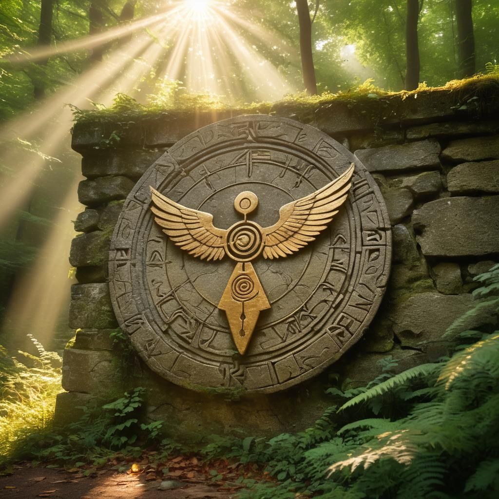 Mystical Symbol on Stone Wall in Sunlit Clearing
