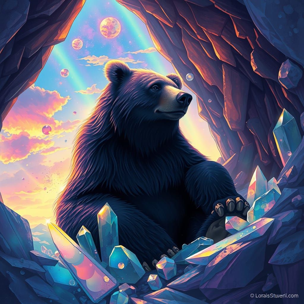 Bear in Crystal Cave with Rainbow Light, Dreamy Art