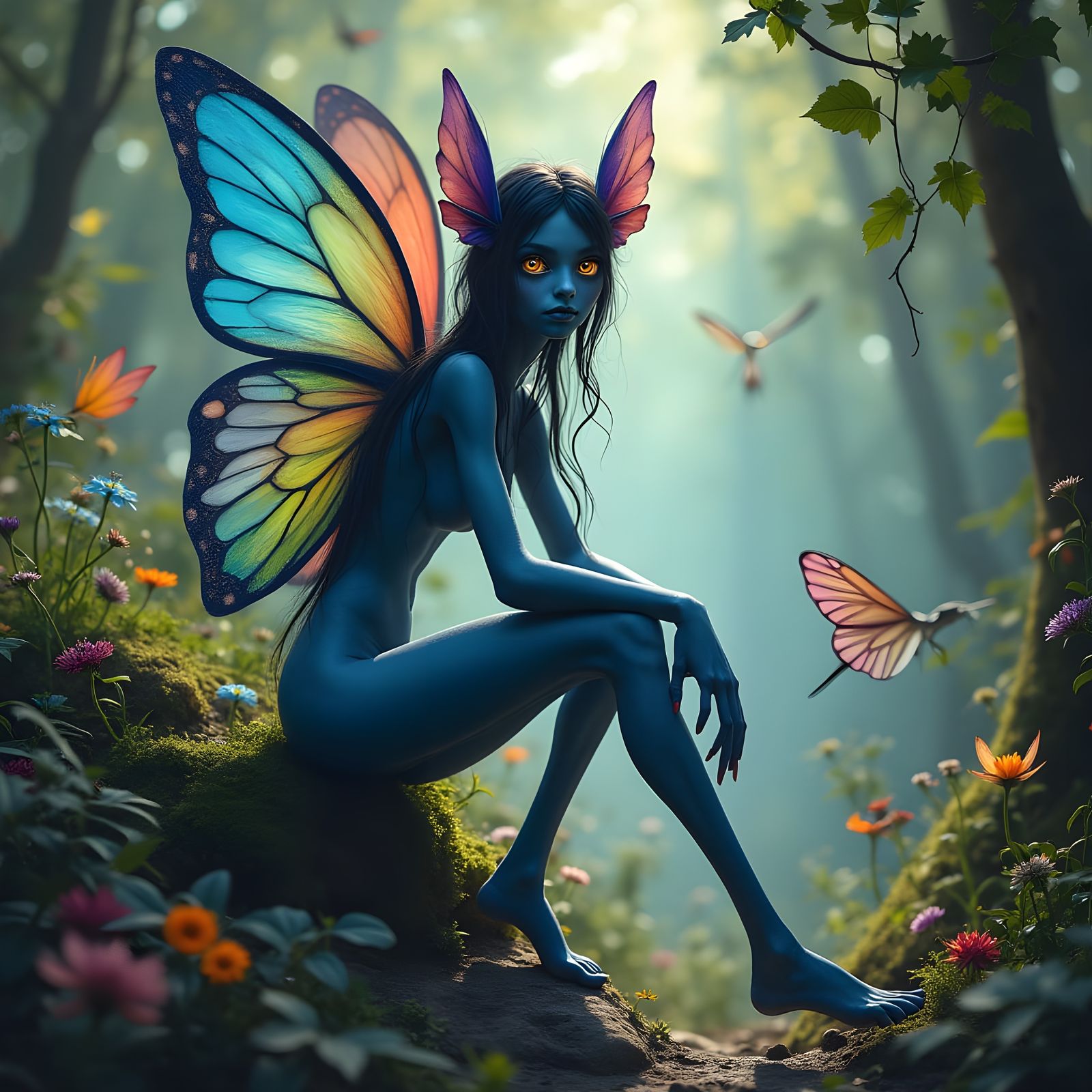Ethereal Indigo Fairy in a Vibrant Fantasy Landscape