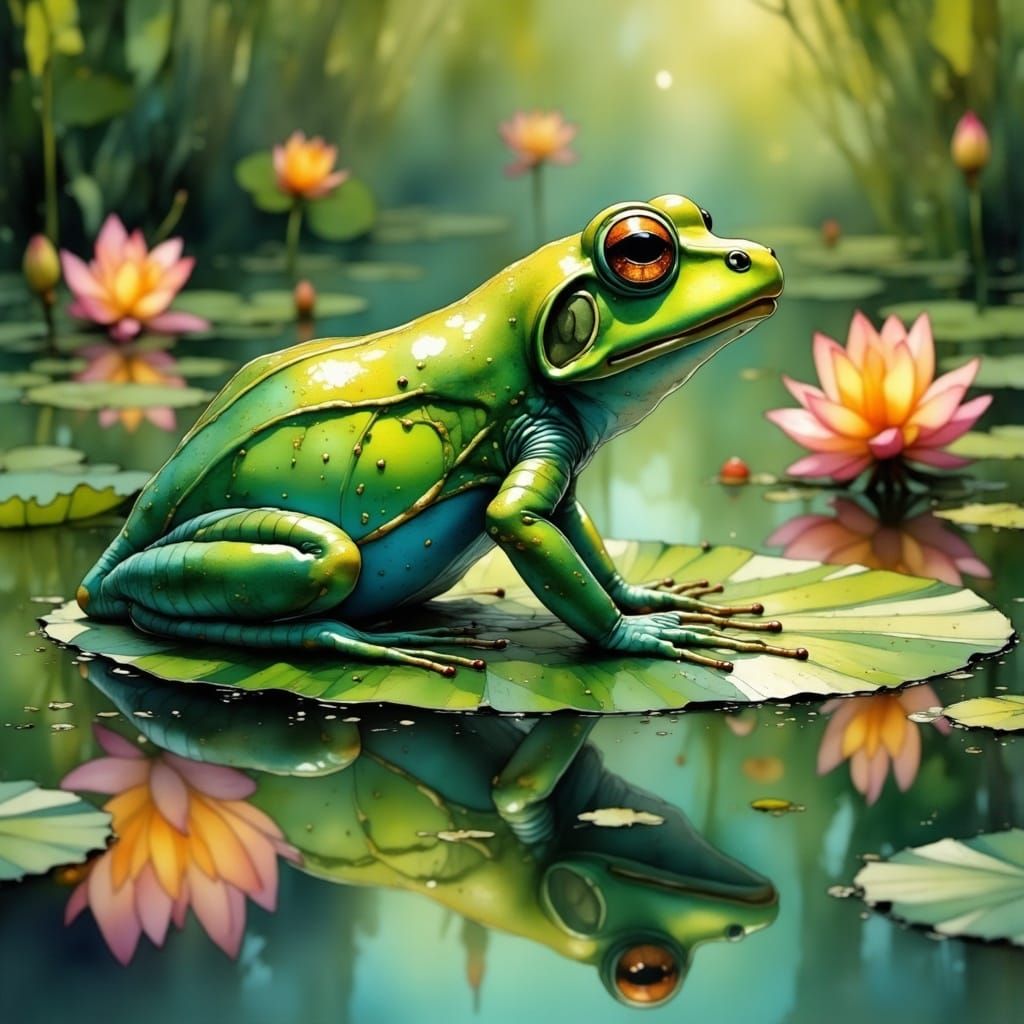 Frog on Lily Pad in Painterly Pond Reflection