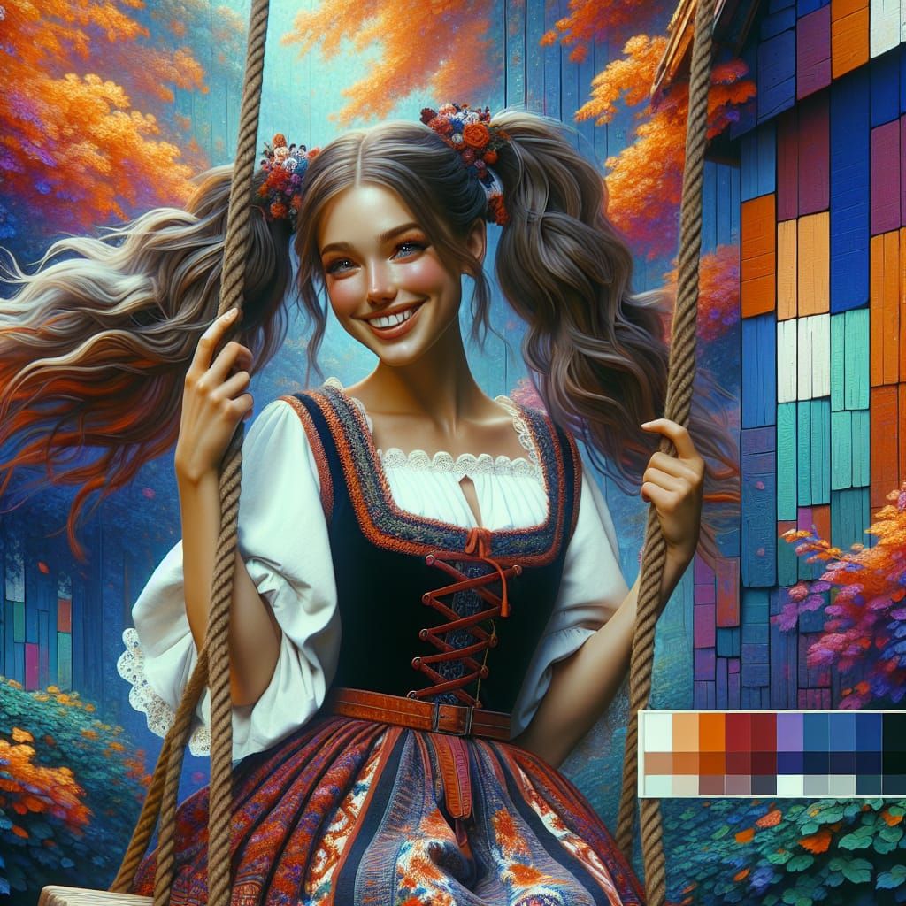 Hungarian Woman in Folk Dress on a Swing