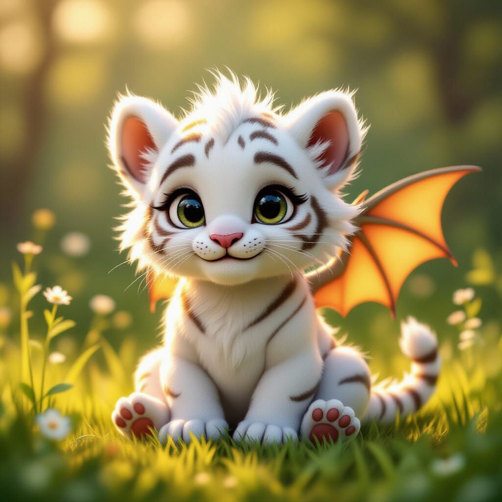 Cute Baby Tiger-Dragon Hybrid in Meadow, Fantasy Realism