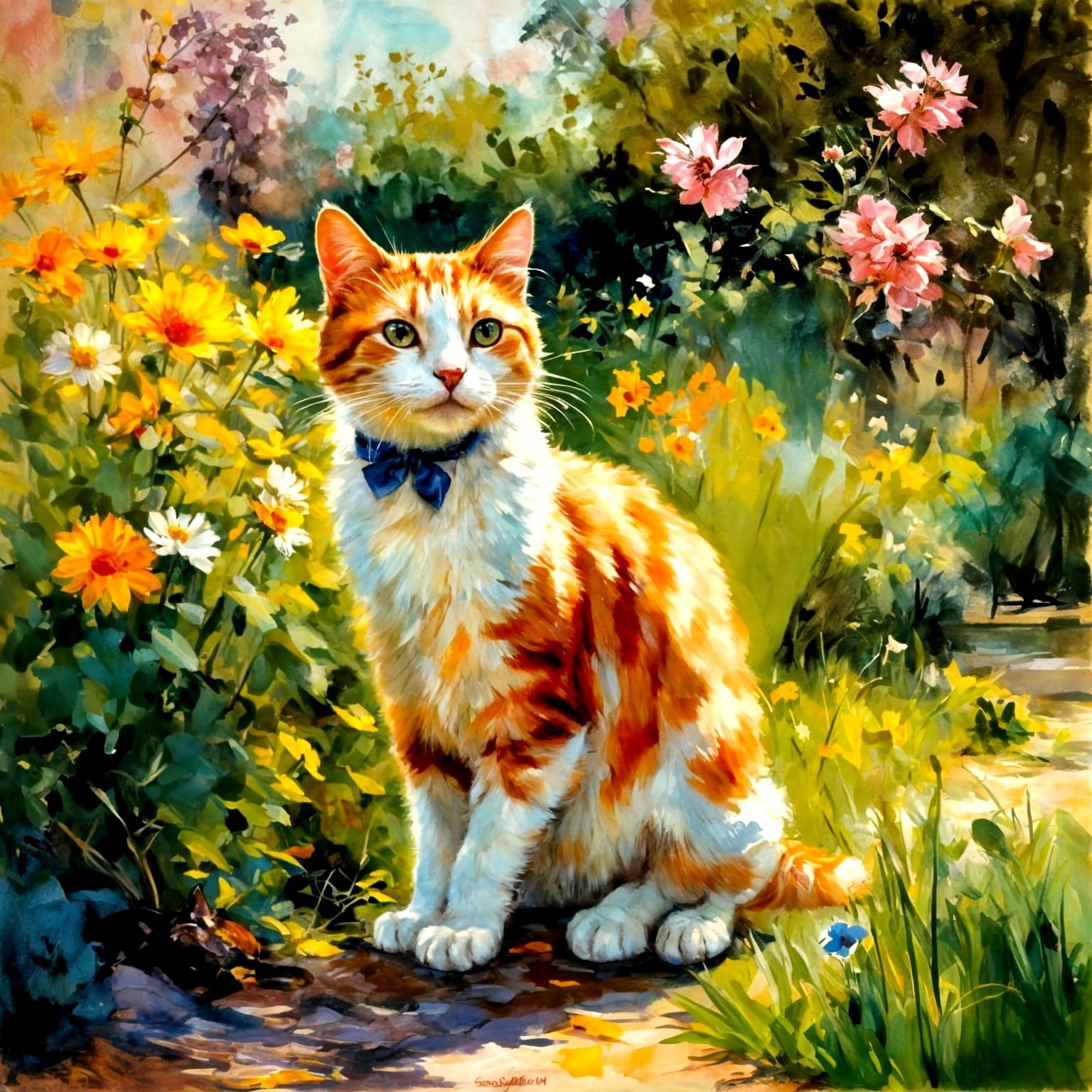 Playful Cat by Esther Pissarro, garden, collography, complem...