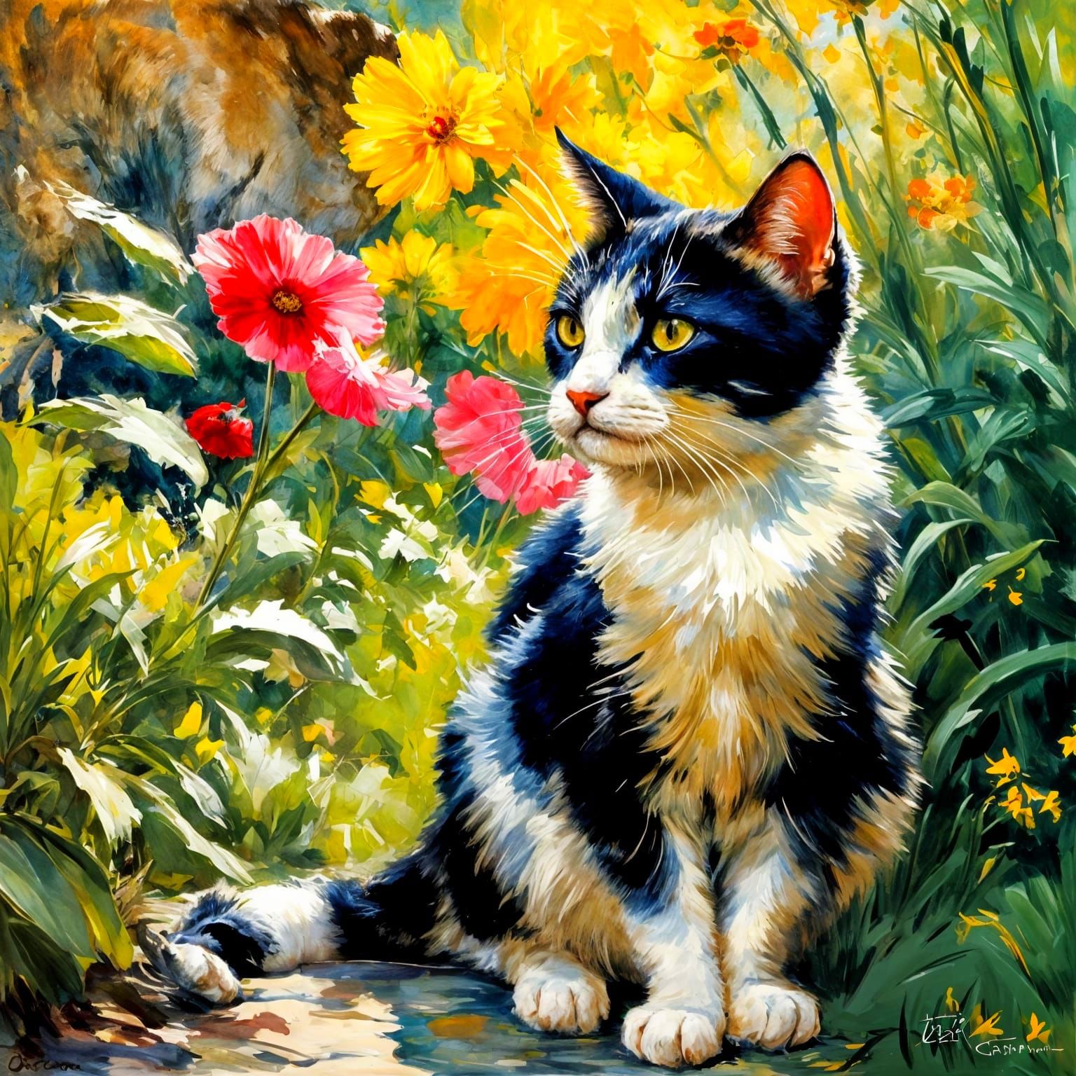 Playful Cat by Esther Pissarro, garden, collography, complem...