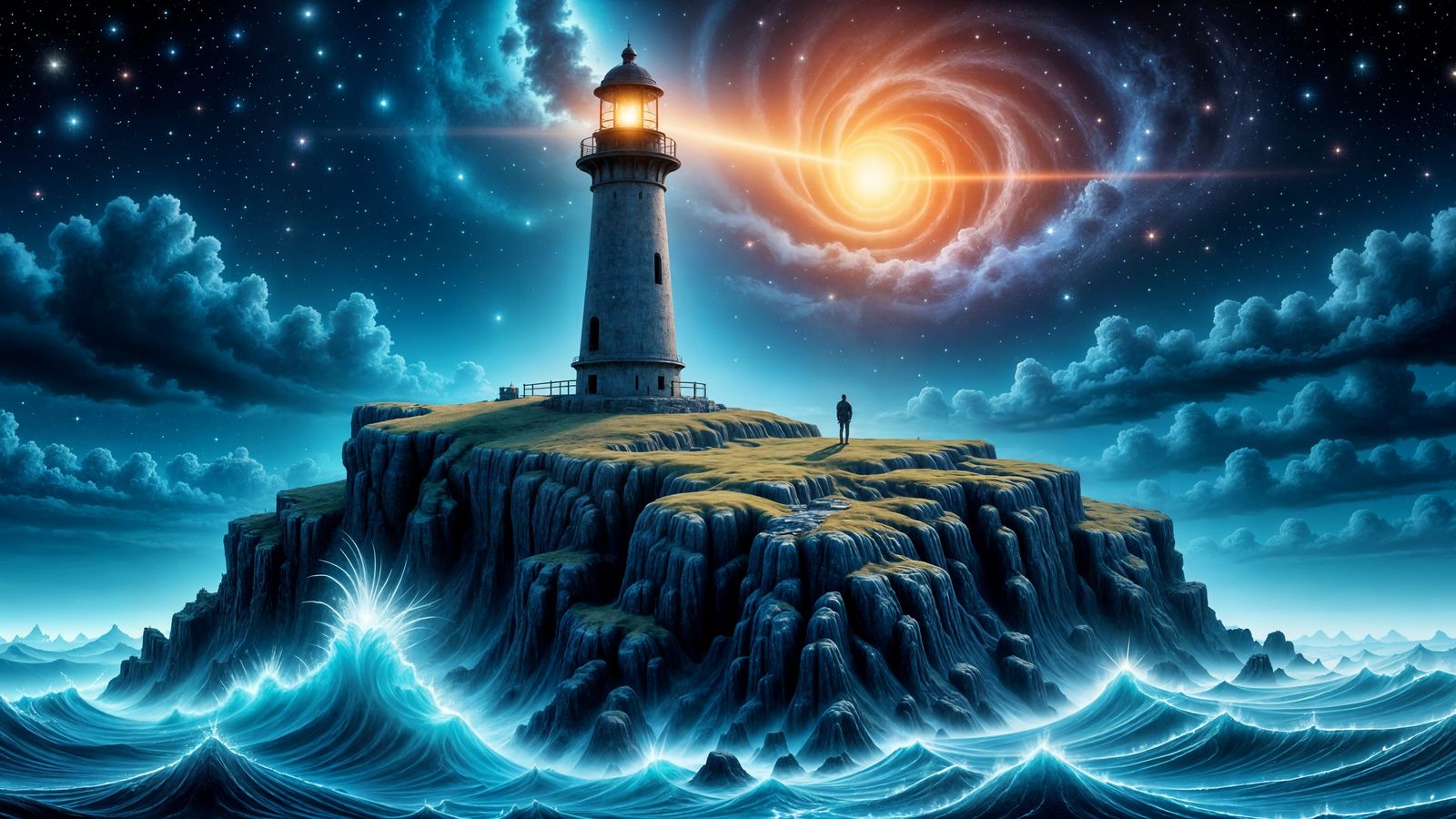 Cosmic Lighthouse on Floating Island in Starry Void