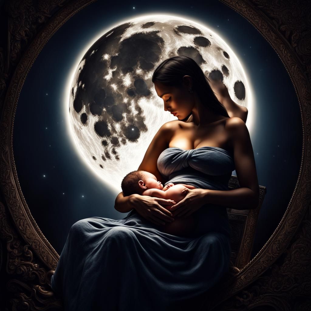 Moonlit Motherhood: A Hyperrealistic Breastfeeding Scene