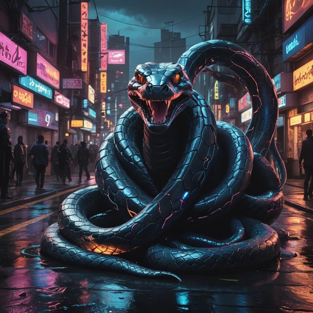 Cyberpunk Snake Emerges in Neon Noir Cityscape