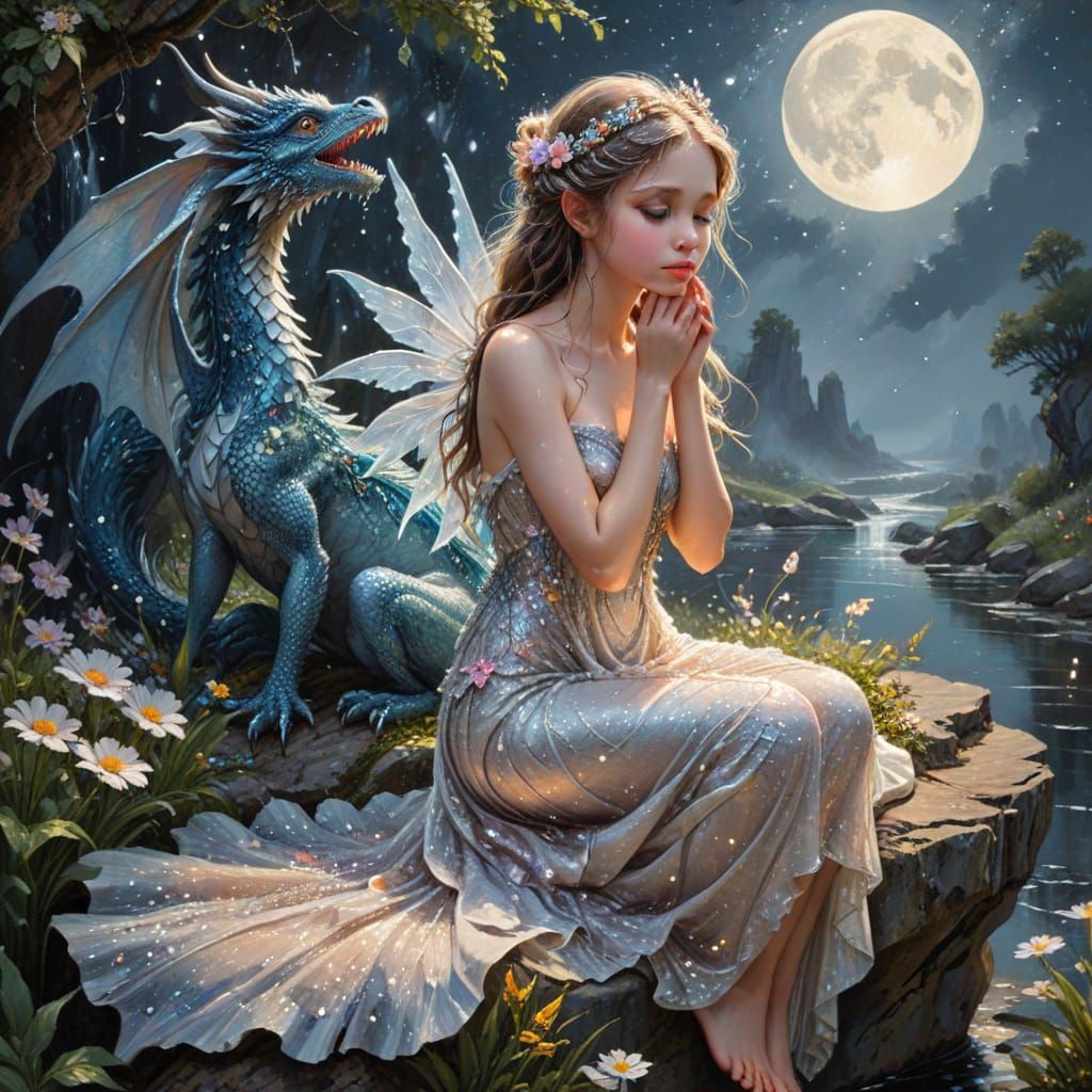 Crystal Fairy and Dragon Oil Painting