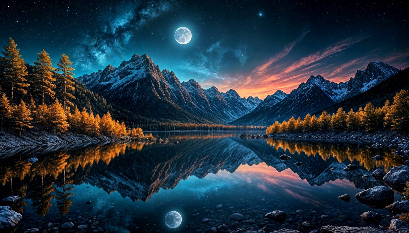 Cosmic Moonlit Lake with Crystalline Details