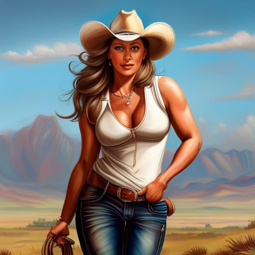 Hyperrealistic Plus Size Cowgirl in Elaborate Western Scene