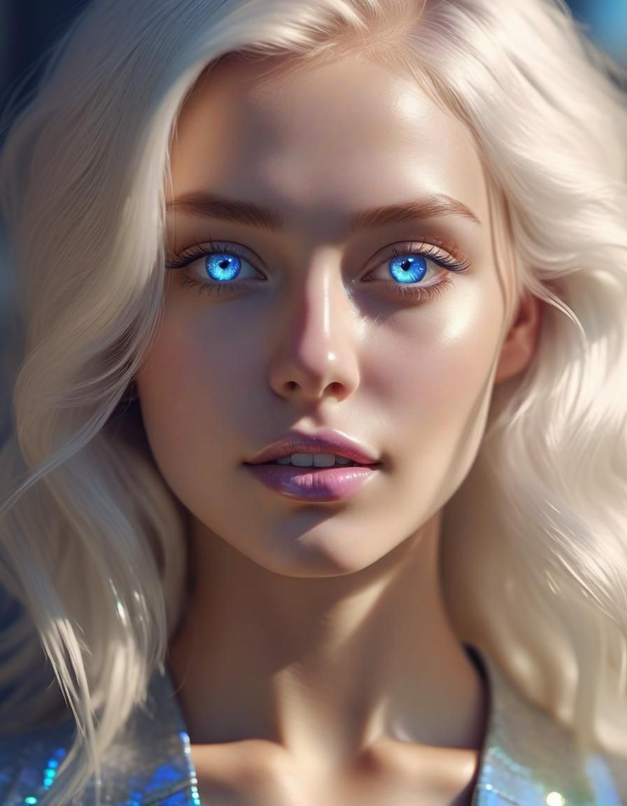 Gorgeous woman with platinum blonde hair and sapphire blue eyes with sliver eyeshadow with blue eyeliner and shimmery pi...