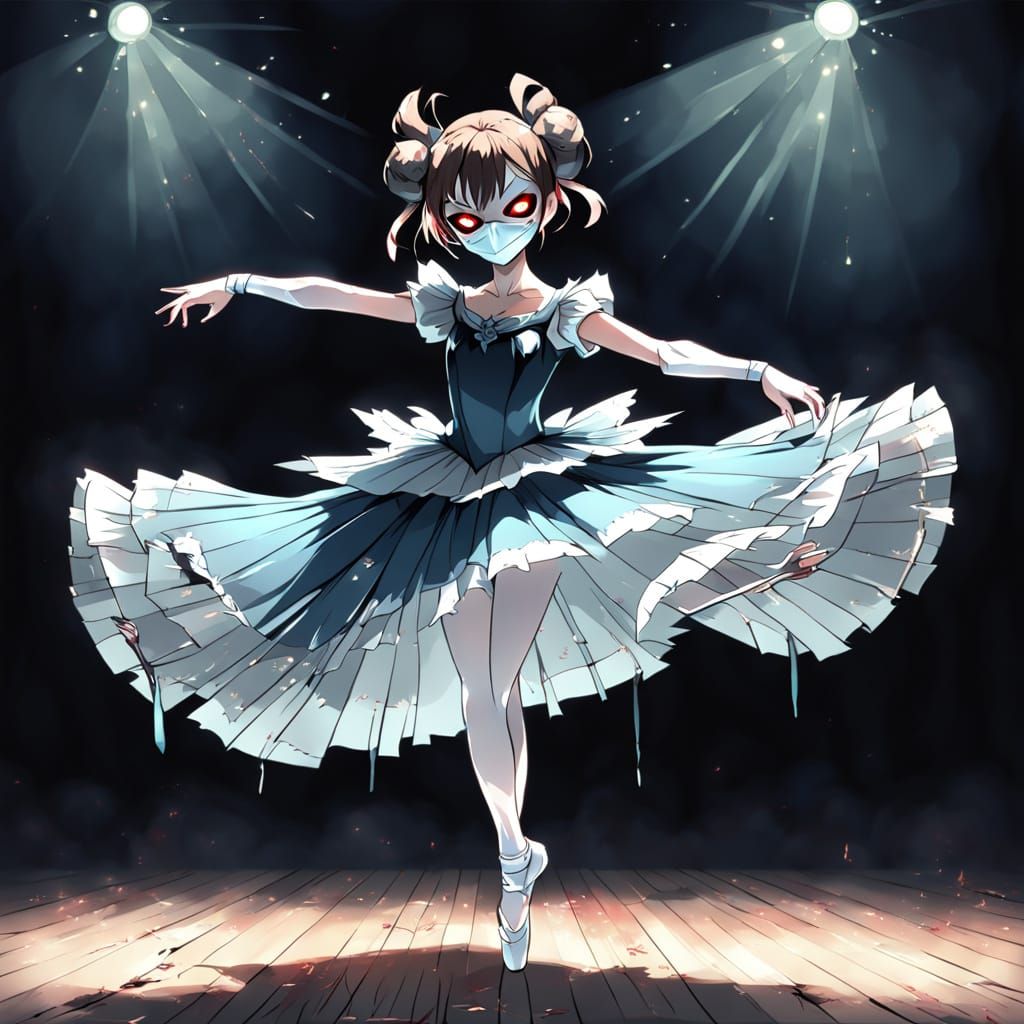 Eerie Anime Ballerina with Cracked Porcelain Mask