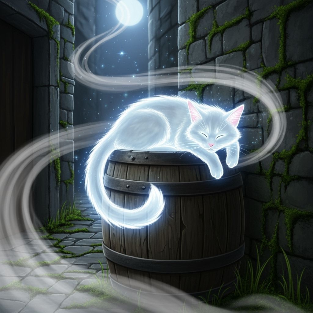 Ethereal Spirit Cat Sleeping in Moonlit Alleyway