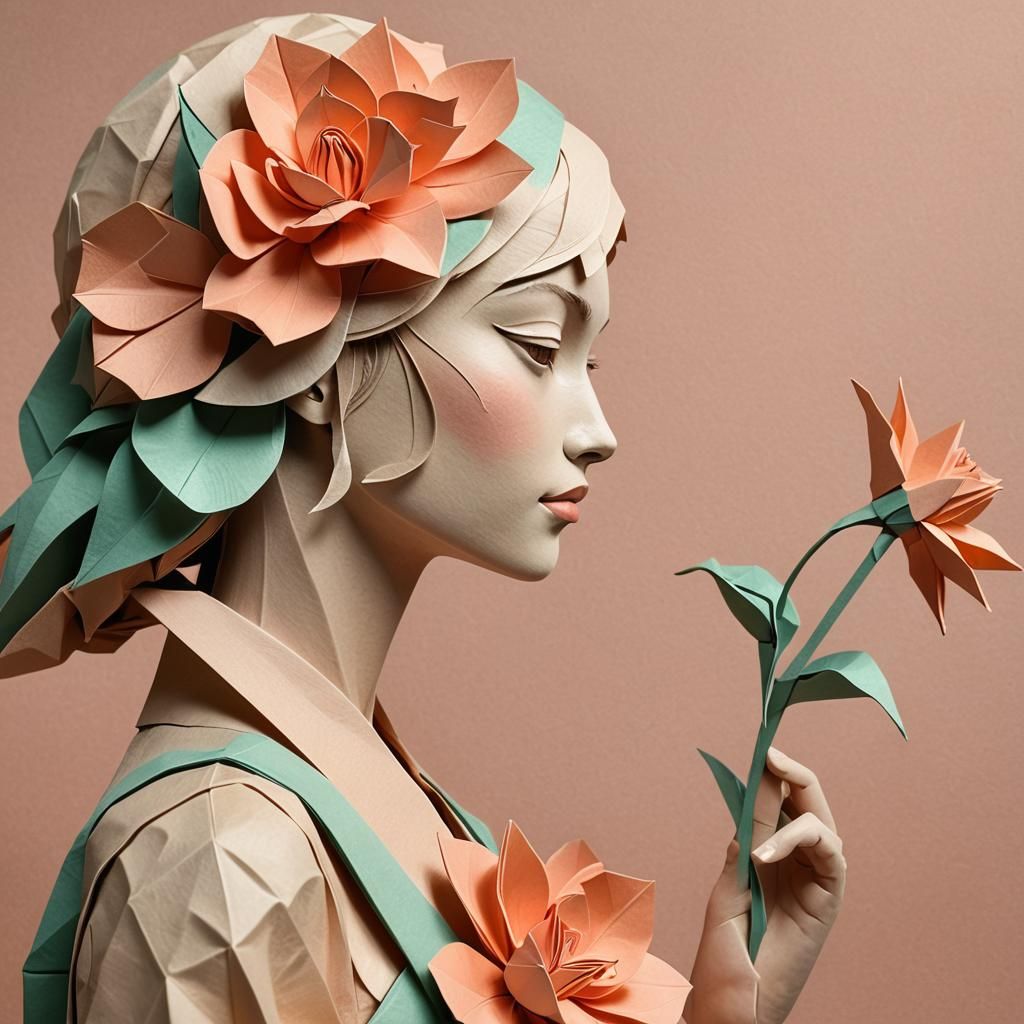 Hyper-Realistic Origami Woman with Flower in Pastel Colors