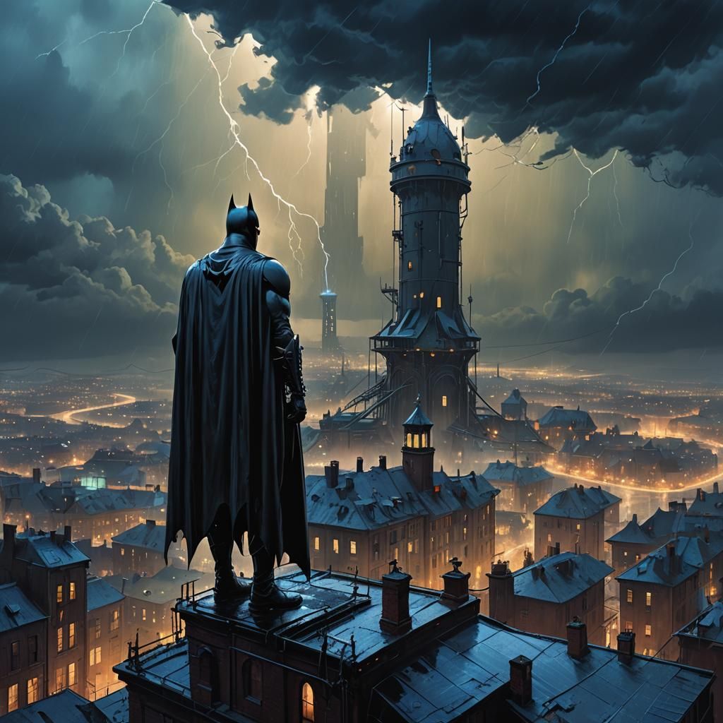 Batman Over Gothic City in Dark Fantasy Art