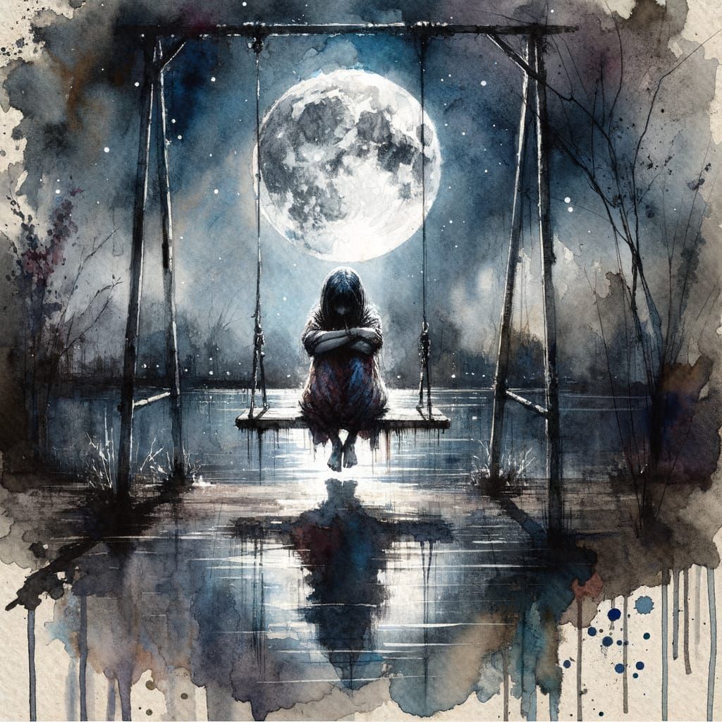 Melancholic Girl on Swing: A Watercolor Illustration