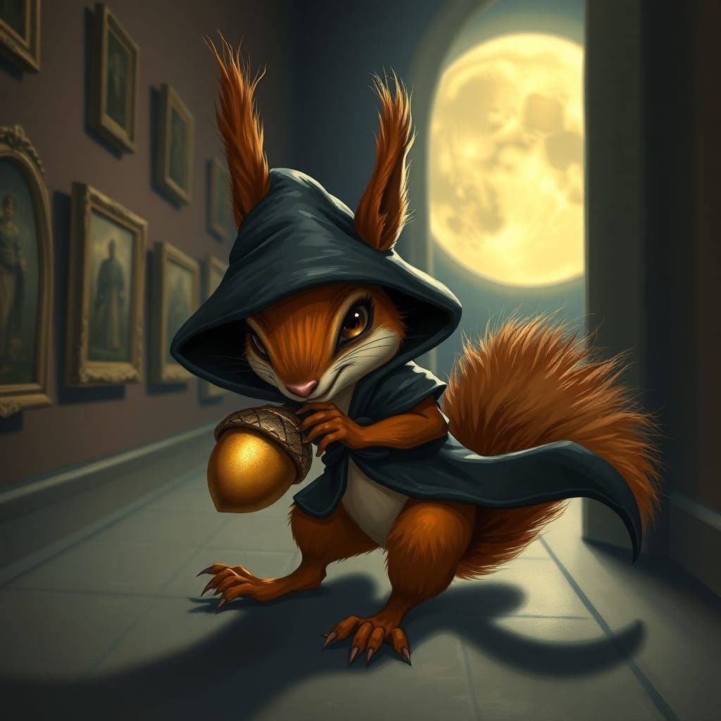 Squirrel Thief Stealing Golden Acorn at Night