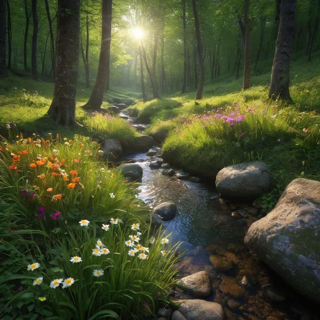 Sunlit Stream Flowing Through Dark Green Forest
