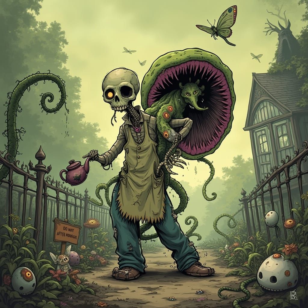 Zombie Gardener in a Dark Whimsical Garden