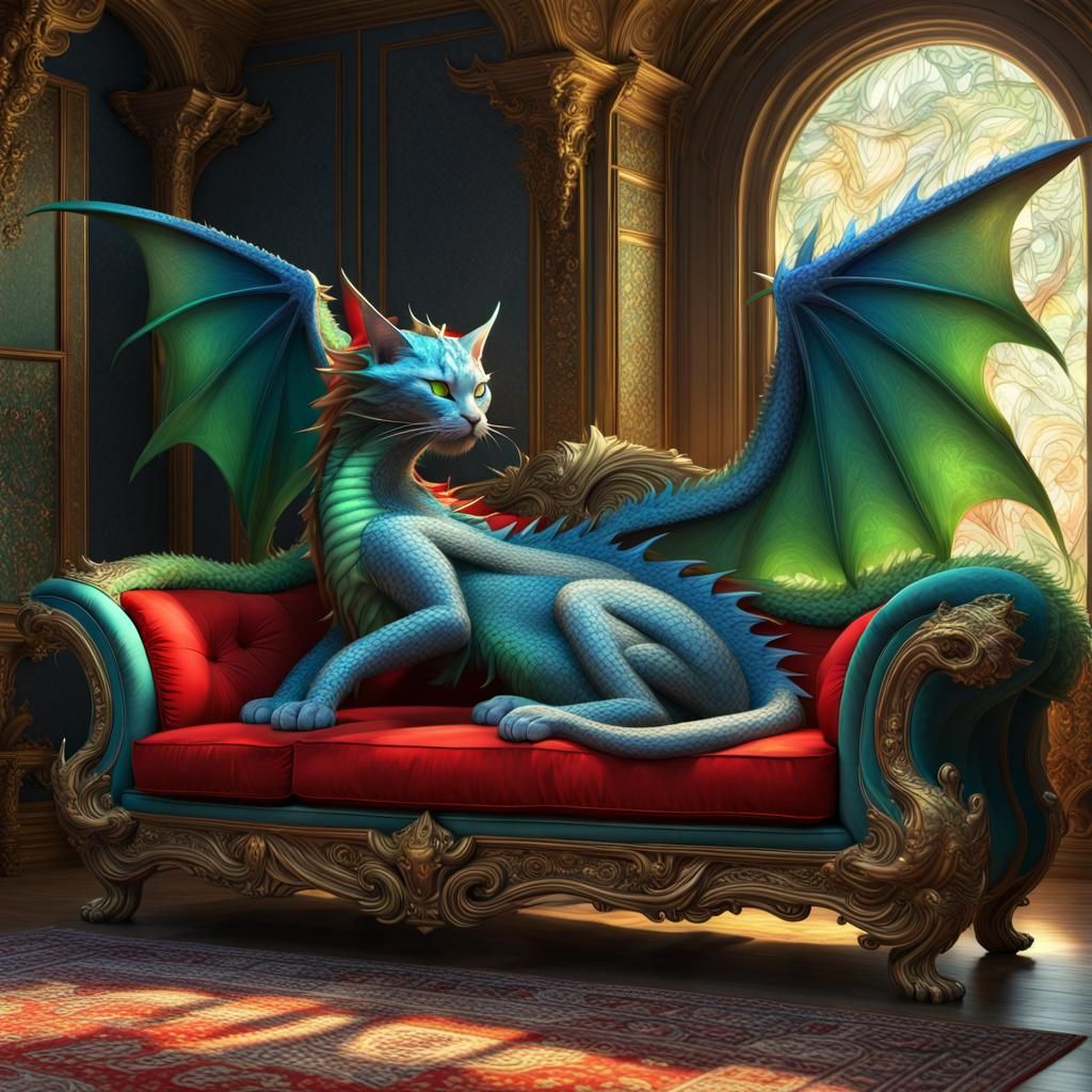 Winged Cat-Dragon Sleeps in Ornate Living Room