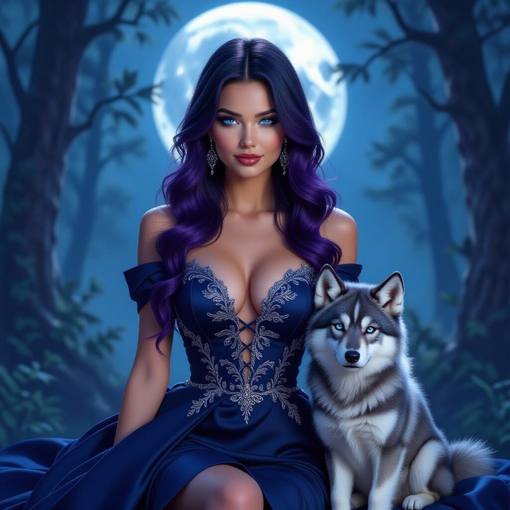 Dark Fantasy Princess with Silver Wolf in Moonlit Forest