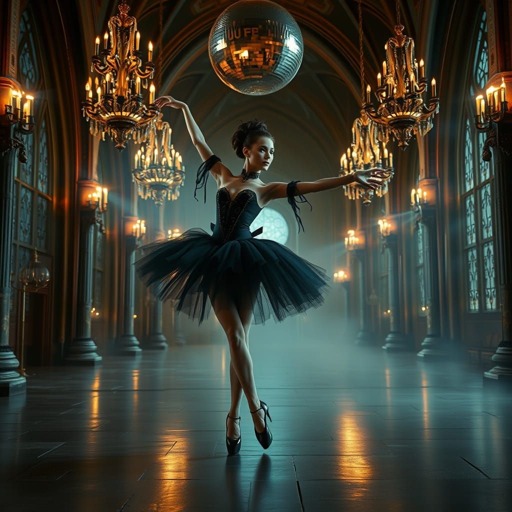 Ethereal Gothic Ballerina in a Futuristic Castle of Wonder