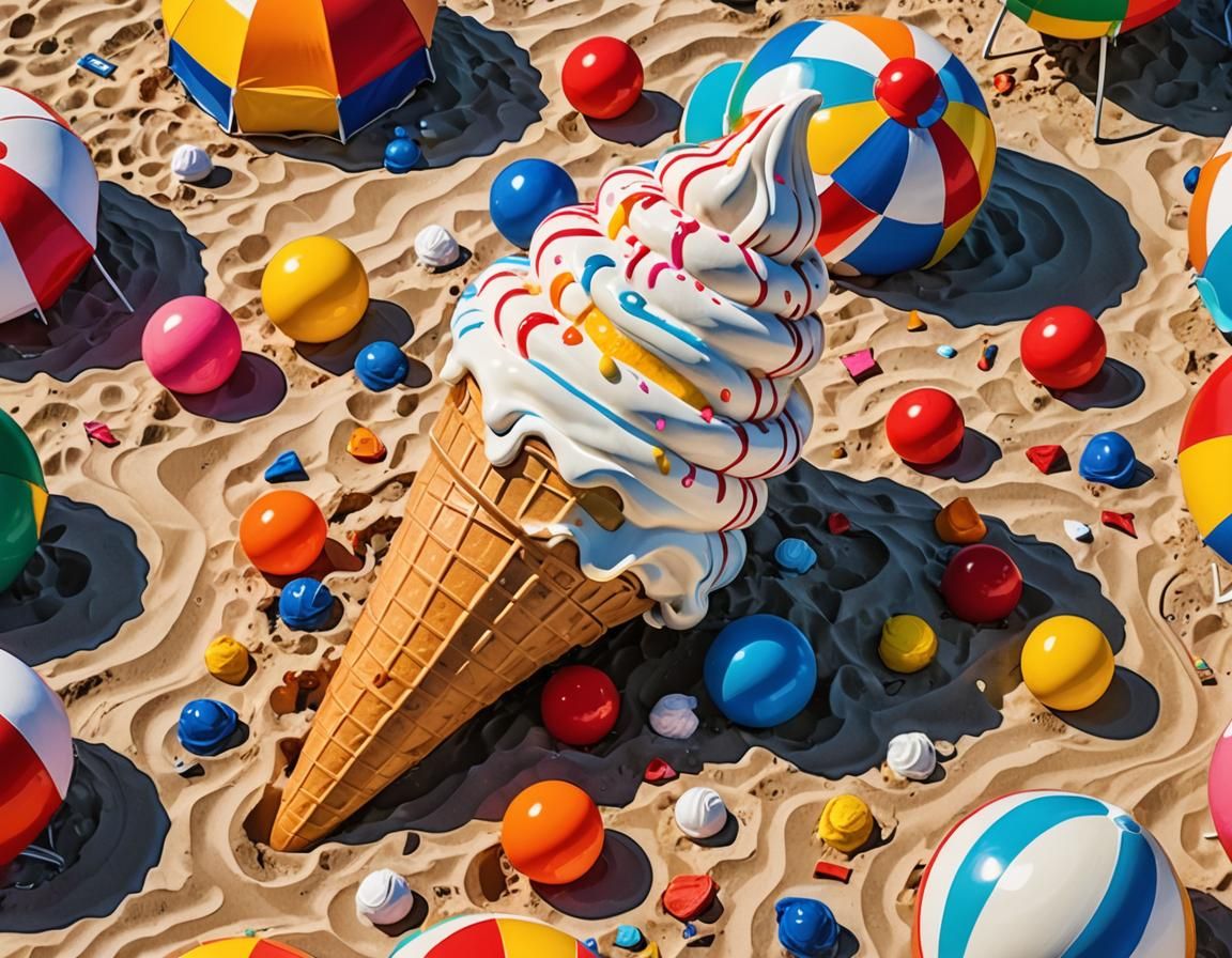 Gigantic Ice Cream Cone on Beach in Pop Art Style
