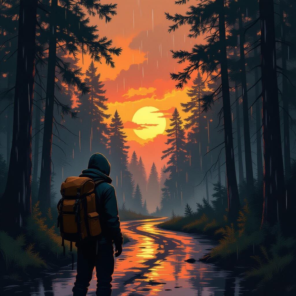 A Lone Figure in Rainy Forest Crossroads