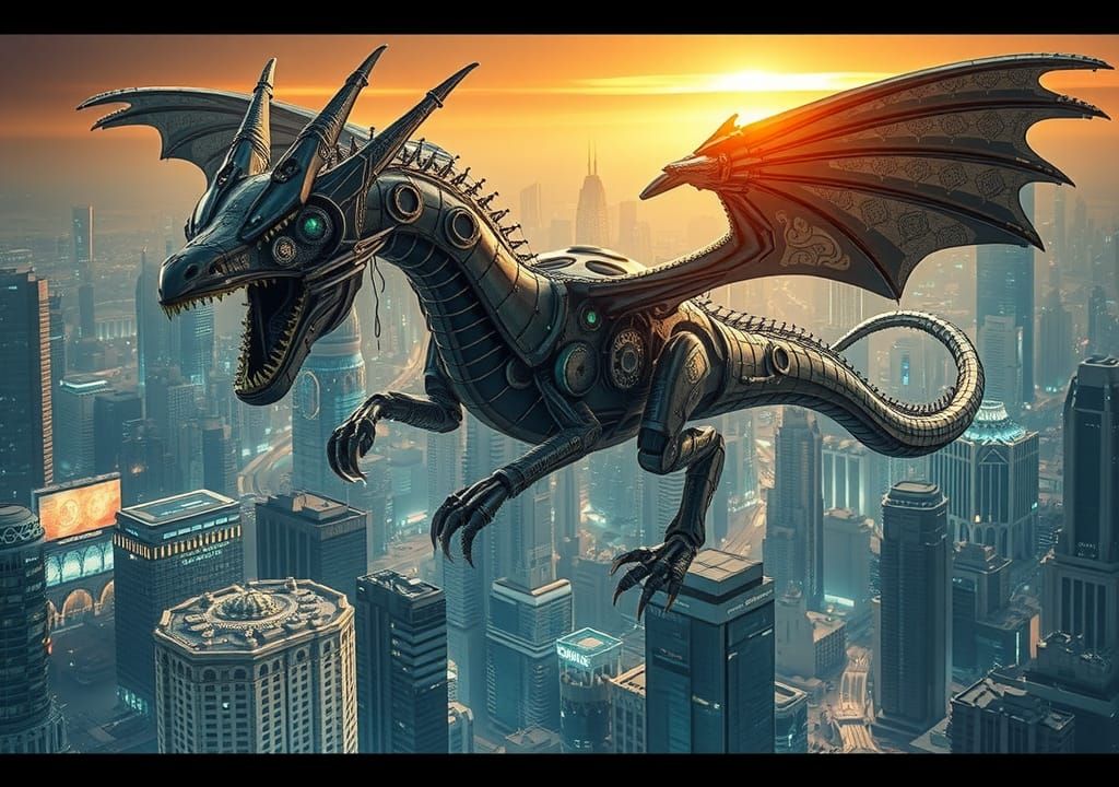 Cyberpunk Robotic Dragon over Neon Cityscape
