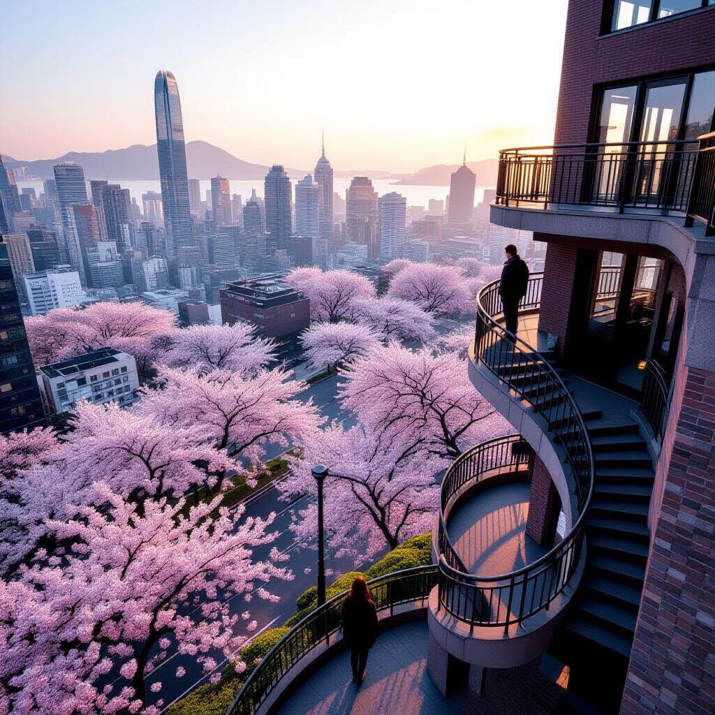 Skyscraper Figure Overlooks Cherry Blossoms