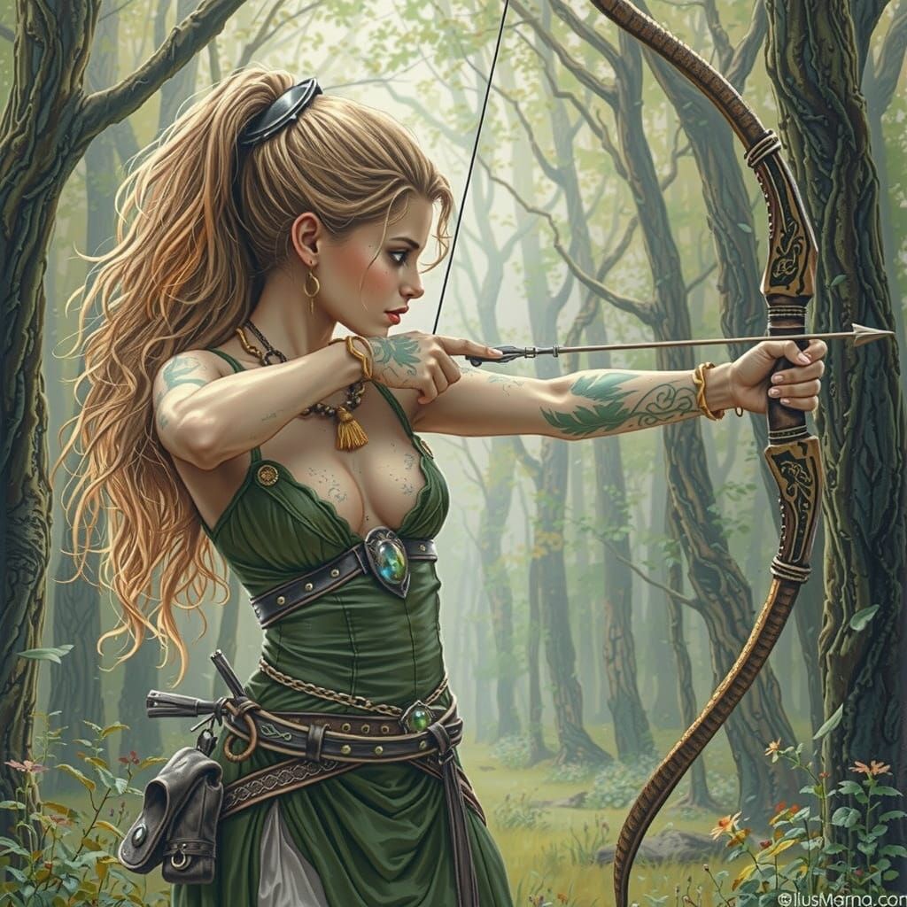 Fae Archer in Forest, Pastel Illustration