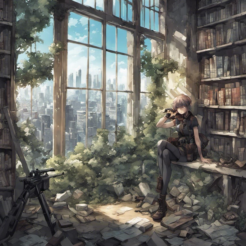 Sniper Merc in Ruined Library, Anime Style