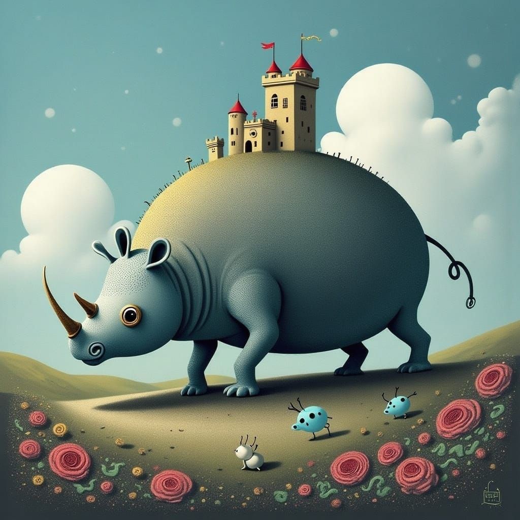 Rhino in Front of a Majestic Fantasy Castle