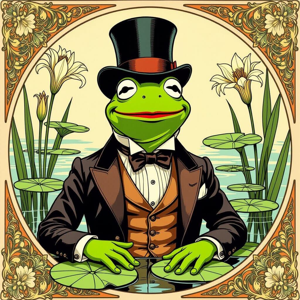 Art Nouveau Kermit the Frog Portrait in Mucha Style