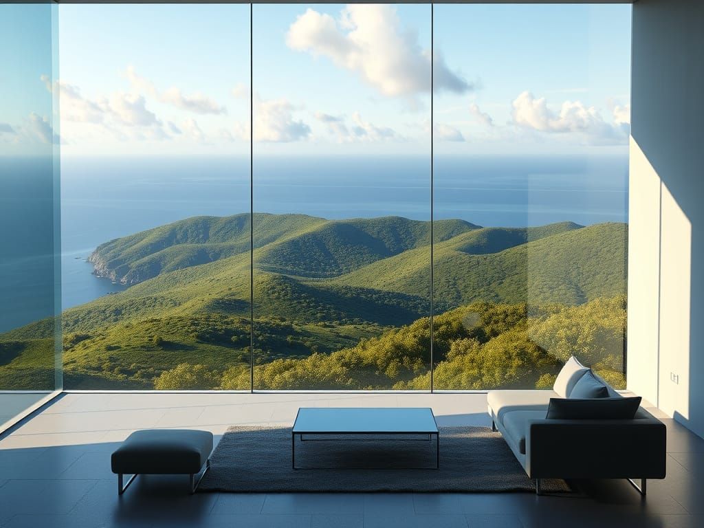 Serene Modern Oasis with Lush Green Hills and Ocean Horizon