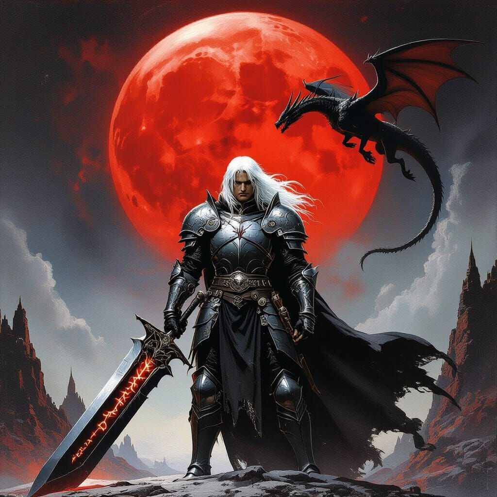 Elric With Stormbringer Facing Viewer Under Red Moon