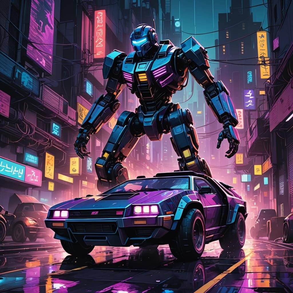 Cyberpunk Transformers in Neon City Alleyway