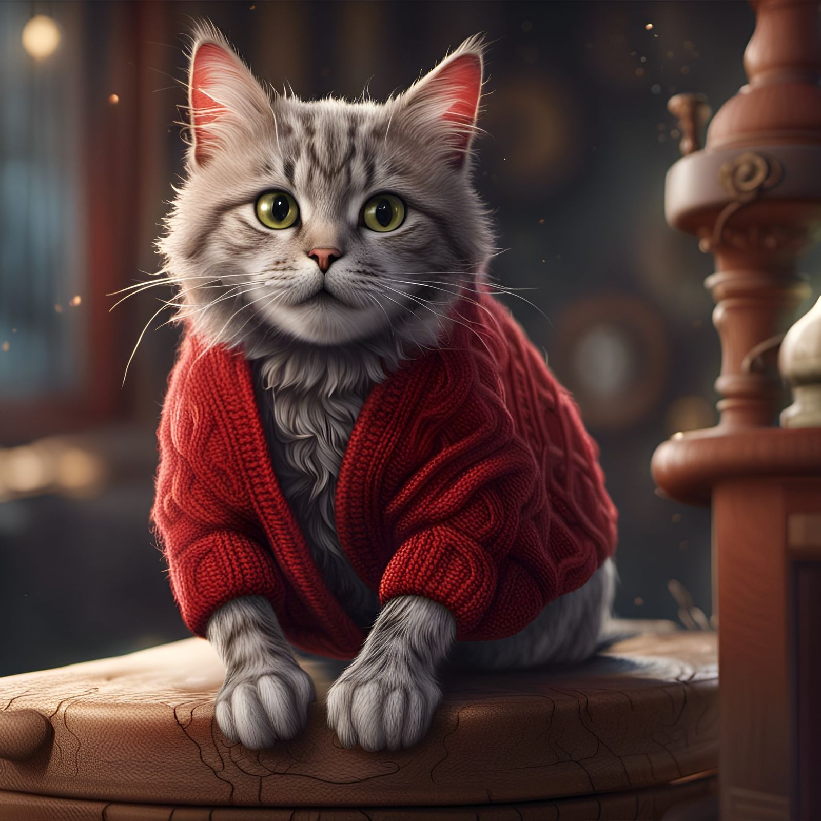 Cat in Red Cardigan: Detailed Fantasy Art
