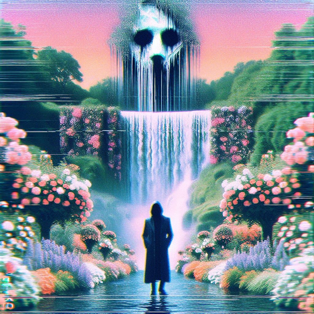 Vaporwave Serenity: A Glitchy Waterfall Garden