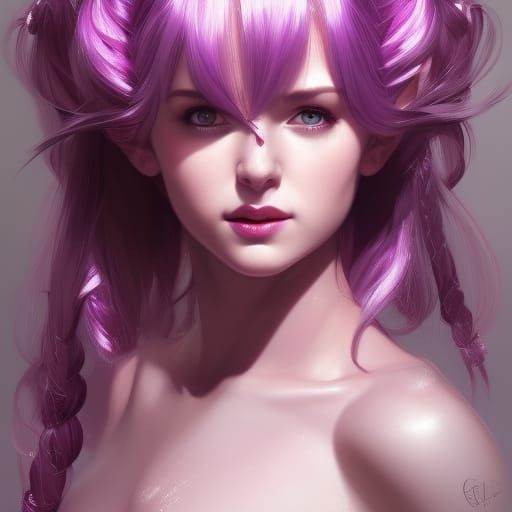 Elf Woman Portrait with Pink Pigtails, Digital Art