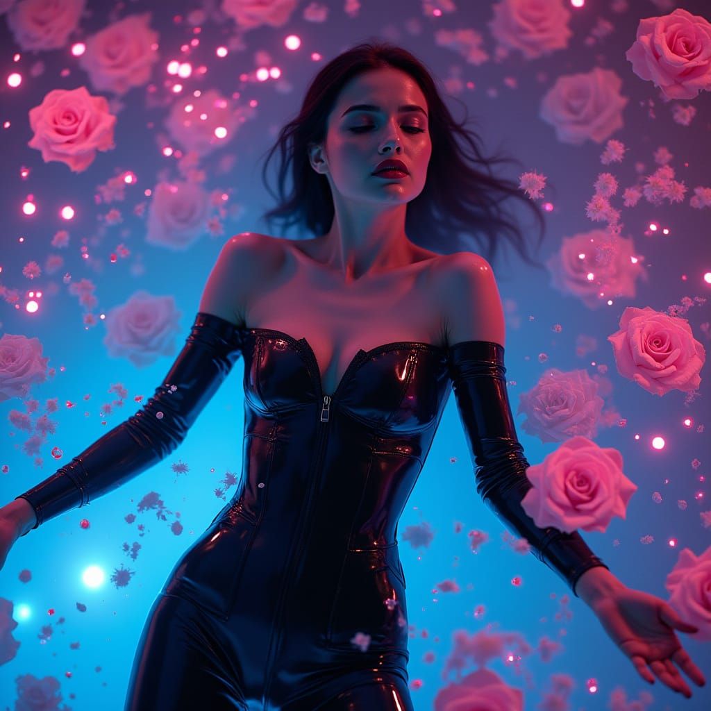 Futuristic Woman Floating in Neon-Lit Water