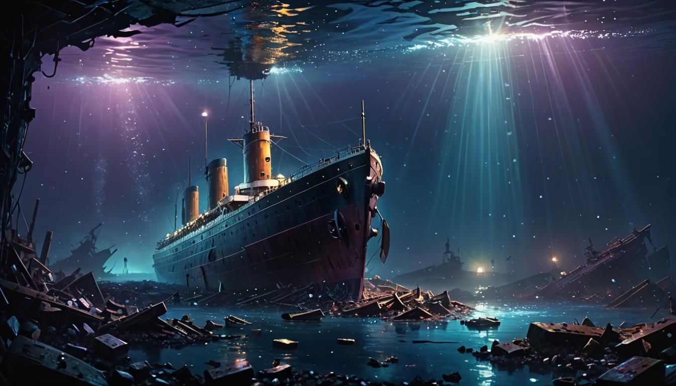 Submarine Illuminates Titanic Wreckage in Digital Painting