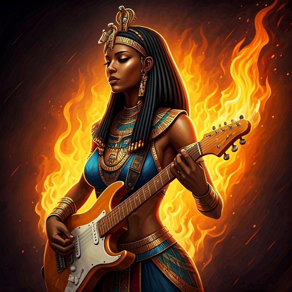 Black Egyptian Guitarist Ablaze in Dramatic Splash Art