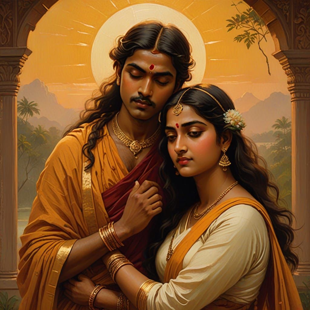 Devotional Embrace: Sanyasi and Woman in Golden Hour Light